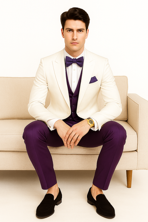 White and Purple Tuxedo Wedding Suit - White Dinner Jacket + Vest + Pants + Bow-tie