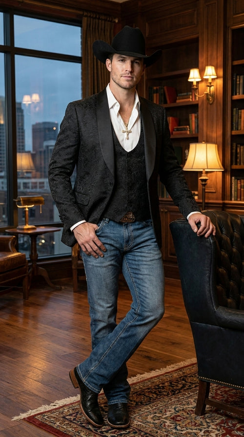 Men’s Black Paisley Jacquard Blazer with Satin Shawl Lapel, Western Formal Designer Jacket