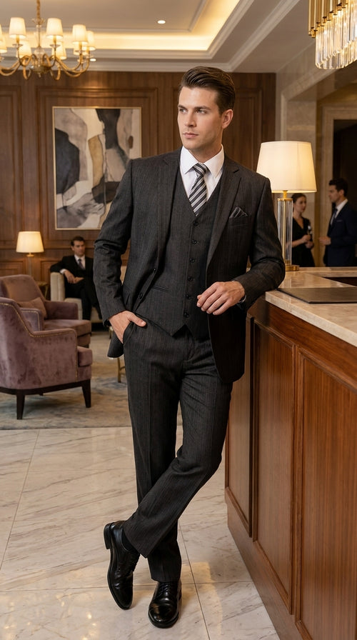 Men’s Classic Black Sharkskin 3-Piece Business Suit – Vested Wedding, Church and Formal Suit
