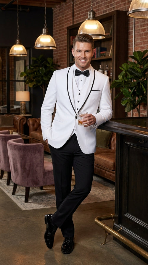 Men’s White and Black One Button Satin Trim Shawl Lapel Tuxedo for Wedding, Prom and Formal Events