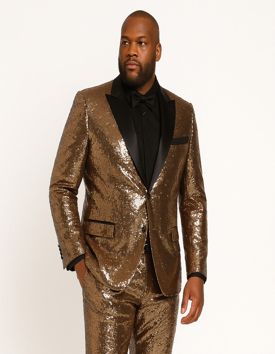 Men's Rose Gold Sequin Tuxedo Suit with Black Satin Lapel – Luxury Slim Fit Blazer for Parties and Events