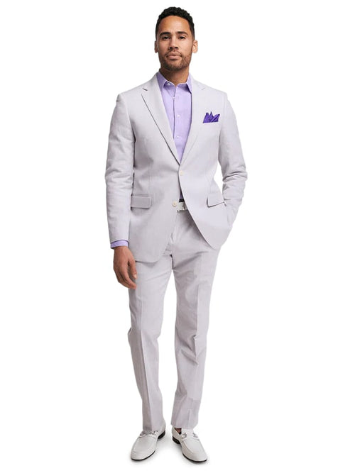 Mens Lavender Seersucker Suit Blazer + Pants Cotton Fabric - Summer Fabric in Purple color