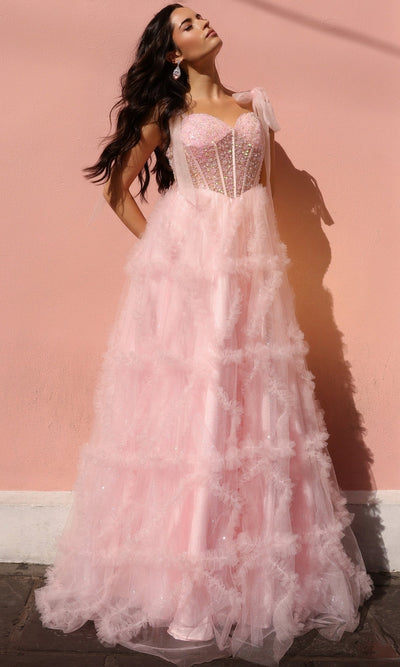 Nox Anabel T1340 Shoulder-Bows Long Ruffled Prom Gown