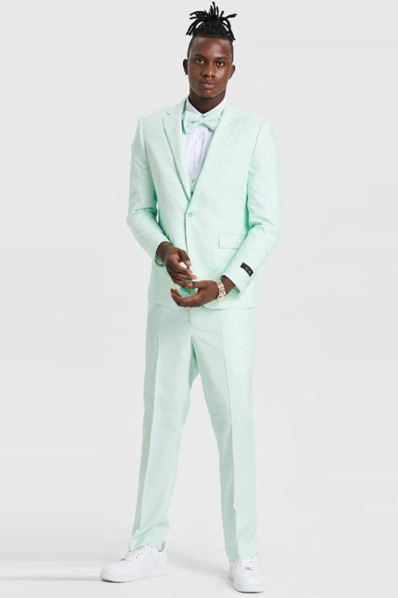Mint Green Polka Dot Vest and Suit Set for Men