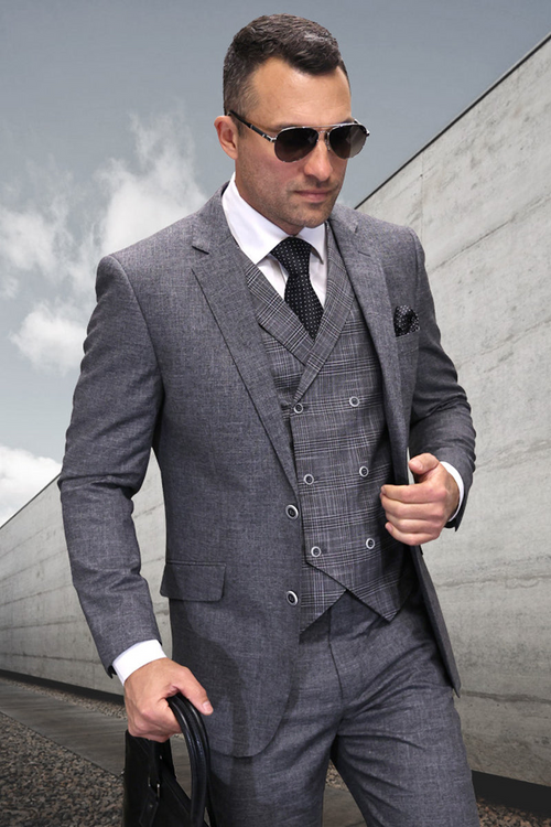 Men's Modern Fit Wool Suit with Plaid Vest in Charcoal Grey