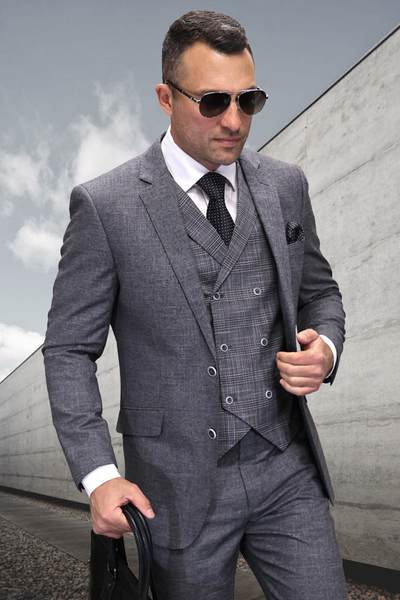 Men's Modern Fit Wool Suit with Plaid Vest in Charcoal Grey