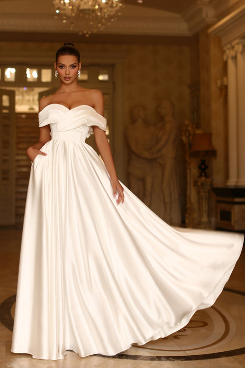 Tina Holly TE207W Wedding A-Line Off-Shoulder Pleated Pockets Satin Dress