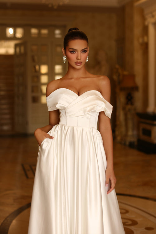 Tina Holly TE207W Wedding A-Line Off-Shoulder Pleated Pockets Satin Dress