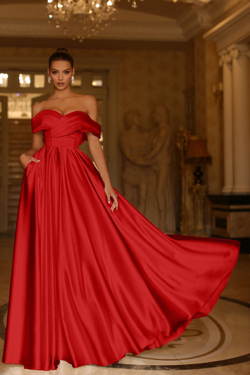 Tina Holly TE207 Wedding Prom Off-Shoulder Pleated Pockets Satin Dress