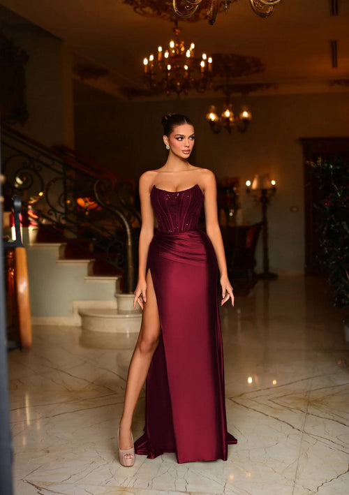 Tina Holly TK551 Prom Strapless 3D Lace High Slit Jersey Satin Lace Dress