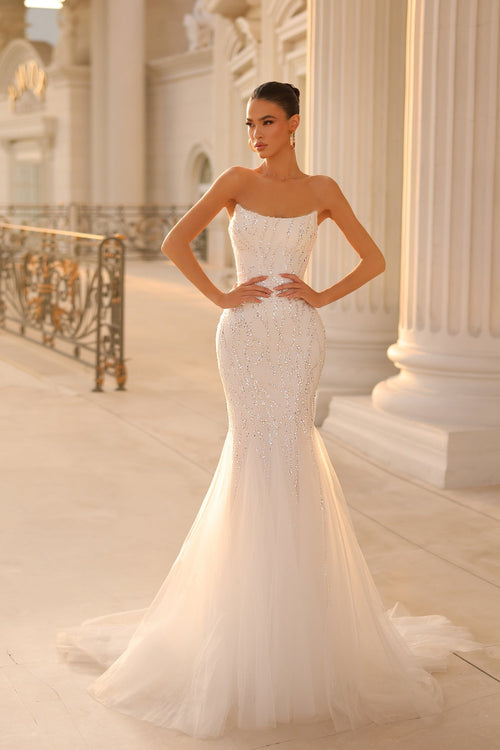 Tina Holly TK807 Prom Strapless Beaded Train Flowy Evening Lace Mesh Dress