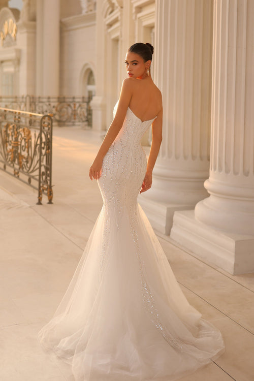 Tina Holly TK807 Prom Strapless Beaded Train Flowy Evening Lace Mesh Dress