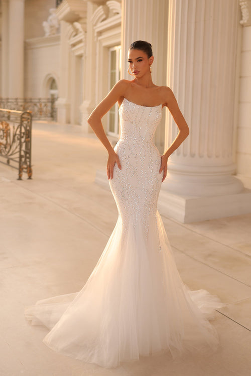 Tina Holly TK807 Prom Strapless Beaded Train Flowy Evening Lace Mesh Dress