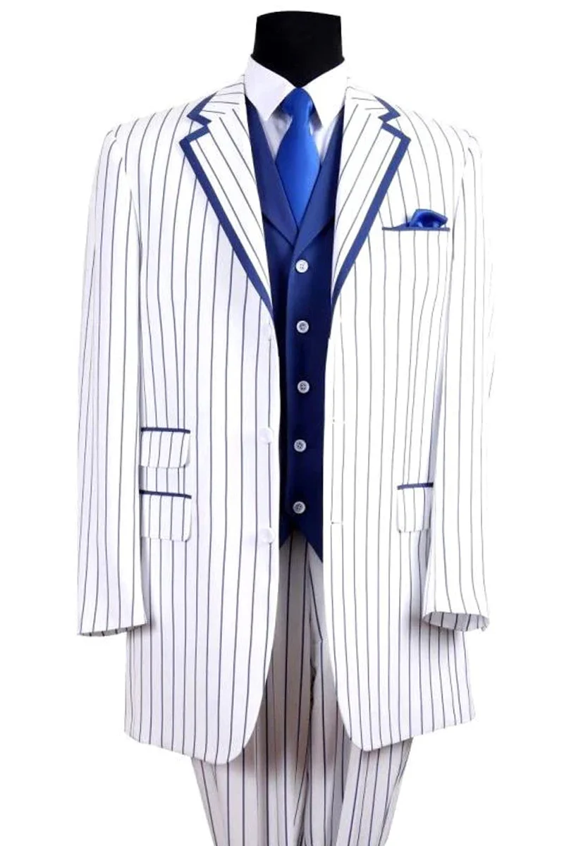 Candy Stripe Suit Mens 3 Button Vested Barbershop Quartet Suin in White with Royal Blue Pinstripes – SuitUSA