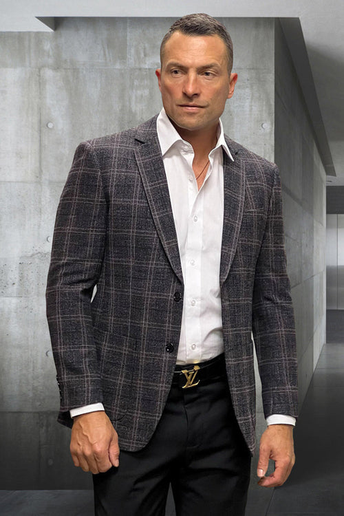 Men's Modern Fit Wool & Cashmere Patch Pocket Sport Coat Blazer in Black Windowpane Plaid by Statement