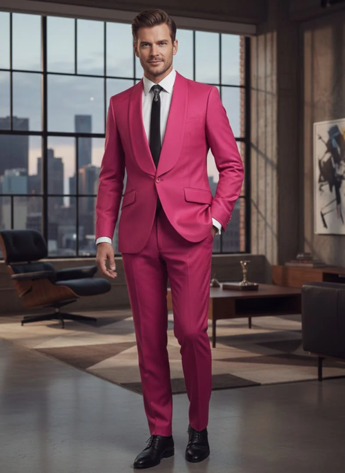 Mens Fuchsia Pink 2-Piece Slim Fit Suit β 1 Button Shawl Lapel with Flat Front Pants