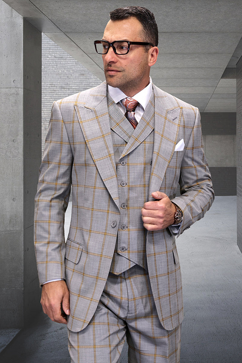 Men's Wool Vested Suit with Peak Lapel in Tan & Gold