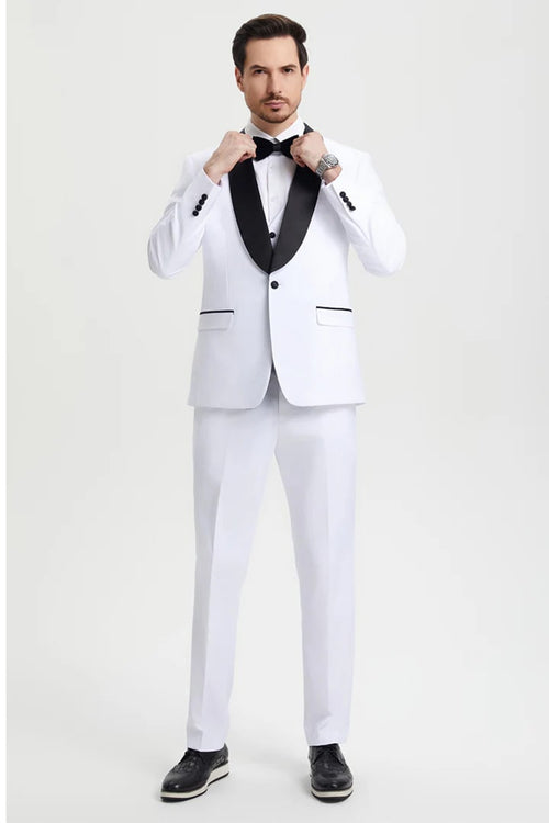 All White Mens Tuxedo - Wedding Suit - Men's Stacy Adams Vested One Button Shawl Lapel Designer Tuxedo In White - Men's Tuxedo USA