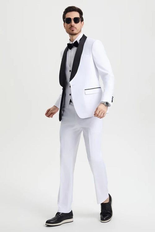 All White Mens Tuxedo - Wedding Suit - Men's Stacy Adams Vested One Button Shawl Lapel Designer Tuxedo In White - Men's Tuxedo USA
