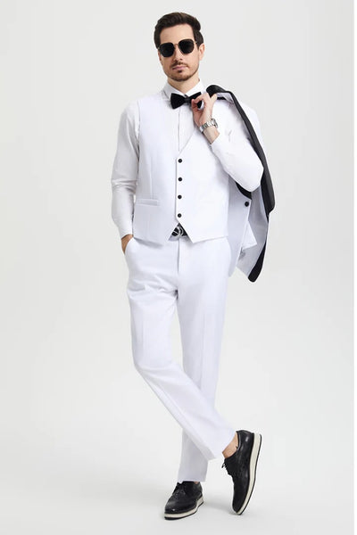 All White Mens Tuxedo - Wedding Suit - Men's Stacy Adams Vested One Button Shawl Lapel Designer Tuxedo In White - Men's Tuxedo USA