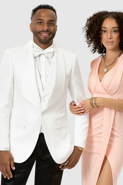 All White Mens Tuxedo - Wedding Suit - Mens Vested Square Shawl Paisley Prom & Wedding Tuxedo In White - Men's Tuxedo USA
