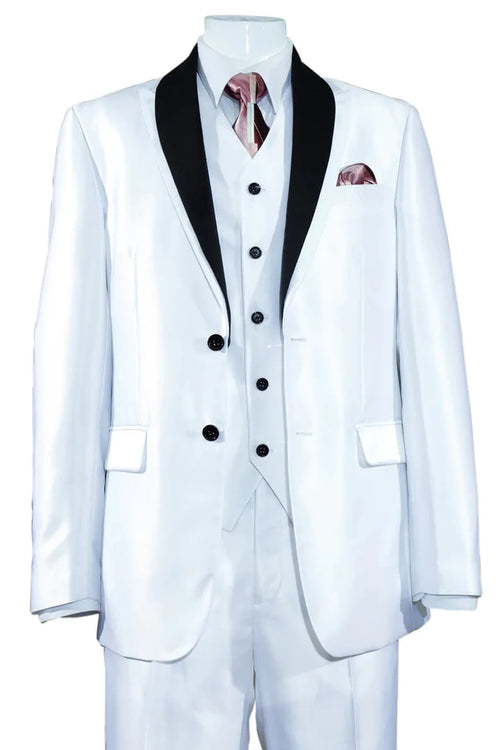 All White Mens Tuxedo - Wedding Suit - Mens 2 Button Vested Slim Fit Shiny Sharkskin Tuxedo Suit In White - Men's Tuxedo USA