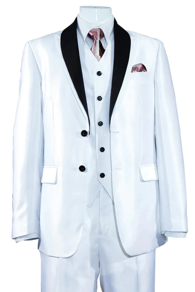 All White Mens Tuxedo - Wedding Suit - Mens 2 Button Vested Slim Fit Shiny Sharkskin Tuxedo Suit In White - Men's Tuxedo USA