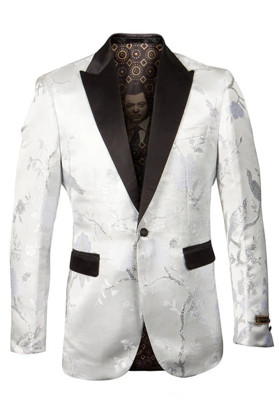 White & Silver Prom Tuxedo Suit - White & Silver Wedding Suit - Men's Shiny Floral Satin Print Prom & Wedding Tuxedo Jacket In White & Silver