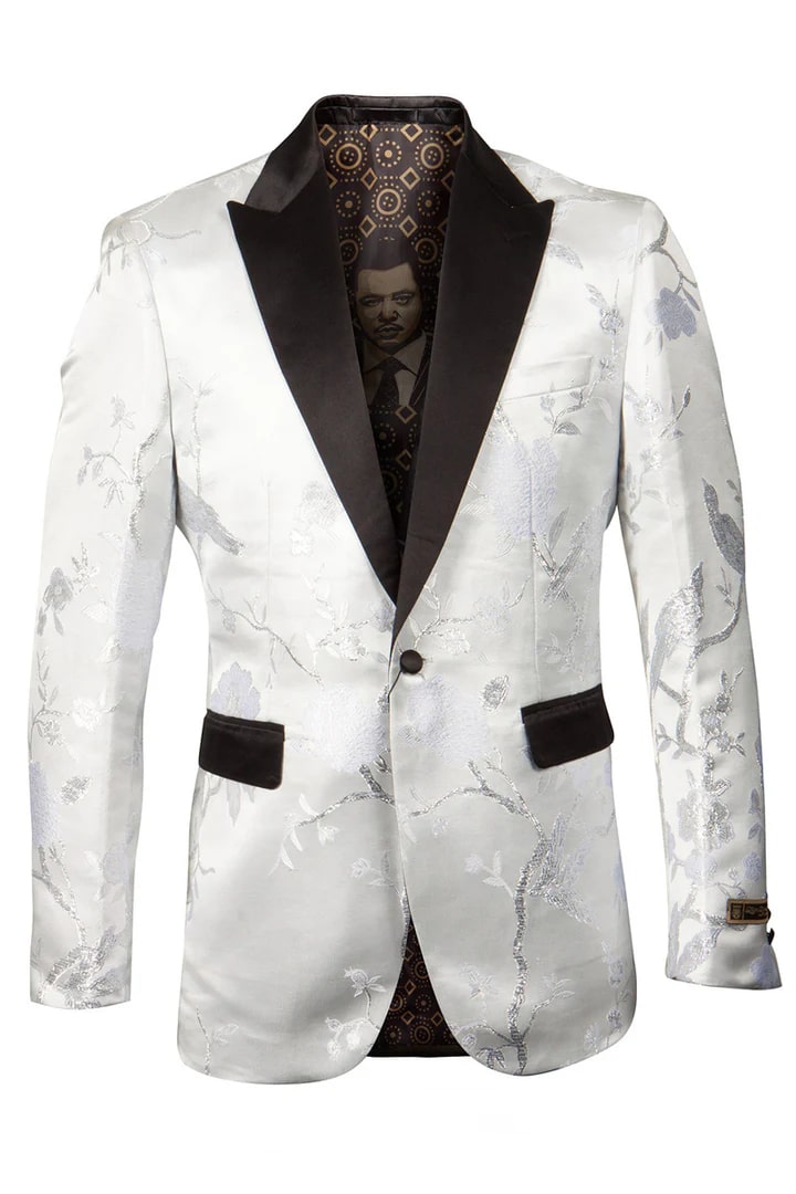 White & Silver Prom Tuxedo Suit - White & Silver Wedding Suit - Men's Shiny Floral Satin Print Prom & Wedding Tuxedo Jacket In White & Silver