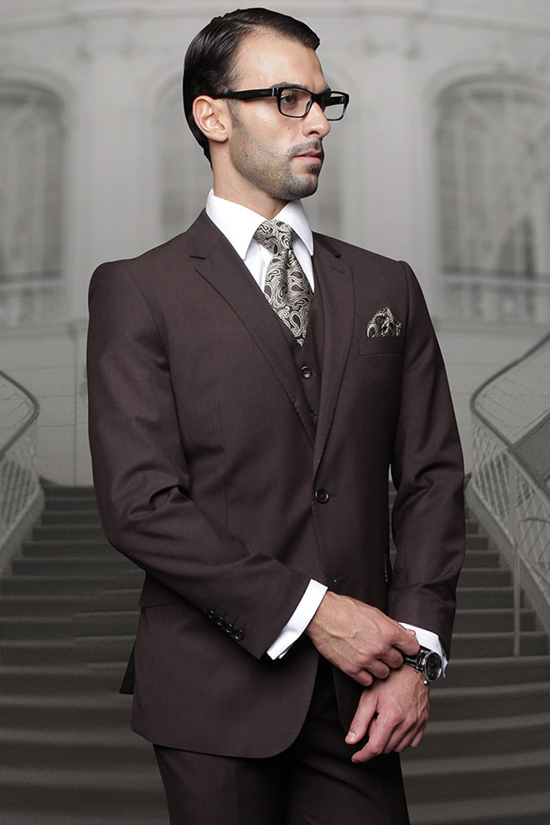 Men's Brown Wool Suit with Pleated Pants & Vest