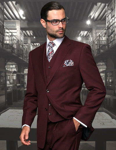 Mens Classic Fit Pleated Pant 2 Button Wool Suit in Burgundy by Statementin