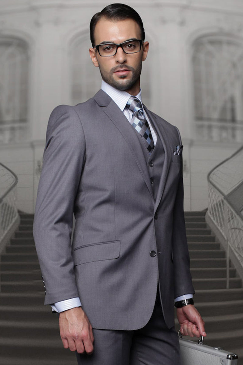 Men's Vested Wool Suit in Charcoal Grey