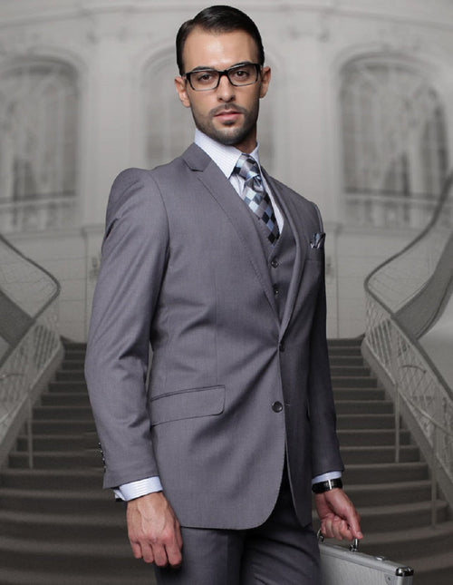 Mens Classic Fit Pleated Pant 2 Button Wool Suit in Heather Charcoal Grey by Statement