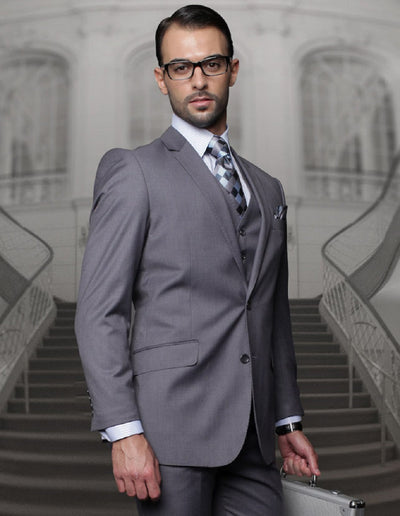 Mens Classic Fit Pleated Pant 2 Button Wool Suit in Heather Charcoal Grey by Statement
