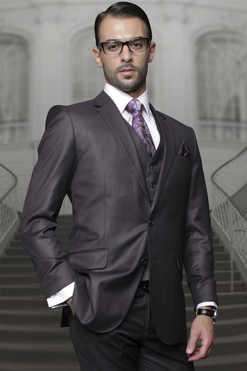 Men's Charcoal Wool Suit with Pleats and Vest