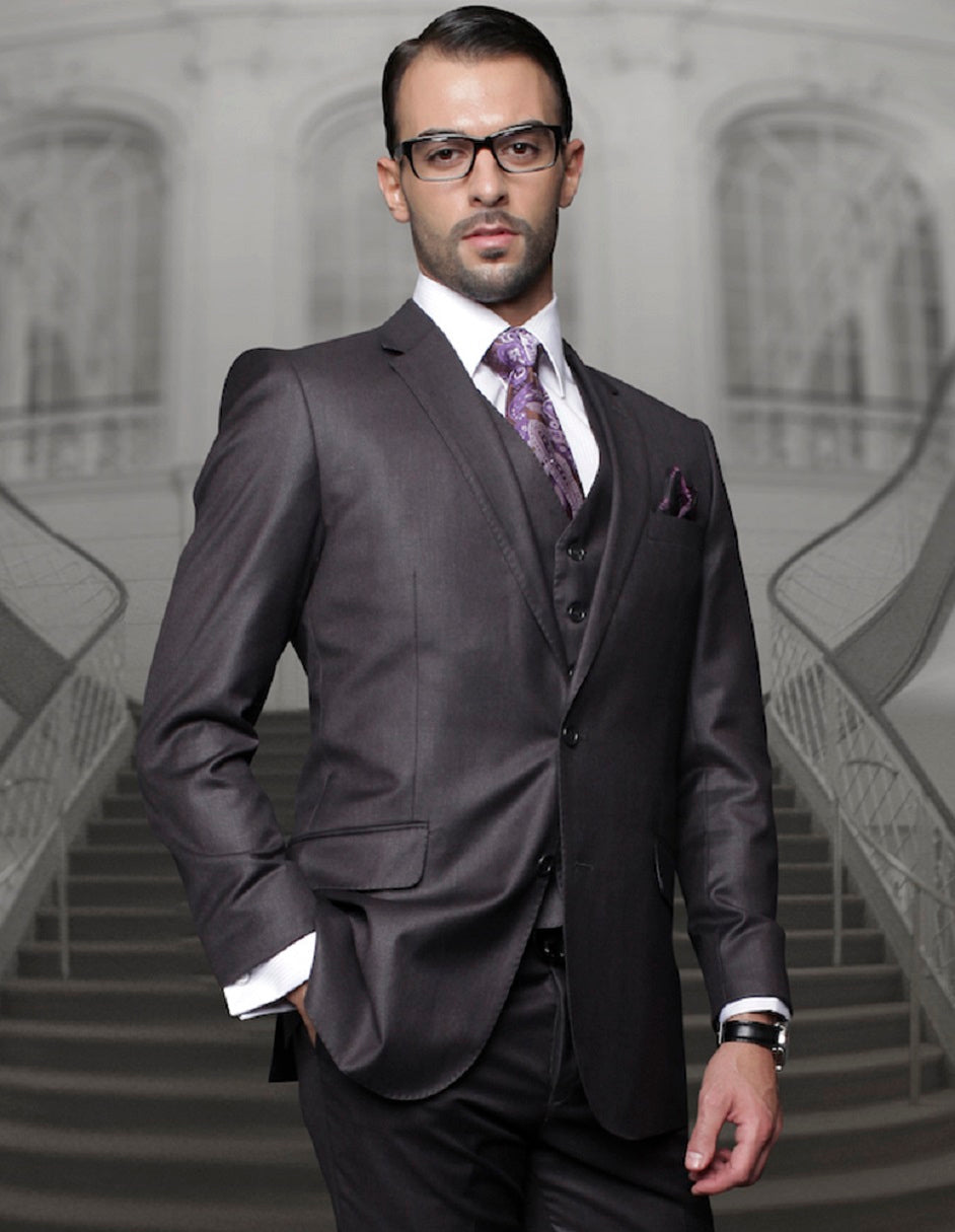 Mens Classic Fit Pleated Pant 2 Button Wool Suit in Charcoal Grey by Statement