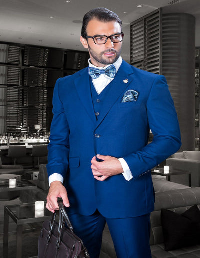 Mens Classic Fit Pleated Pant 2 Button Wool Suit in Sapphire Blue by Statement