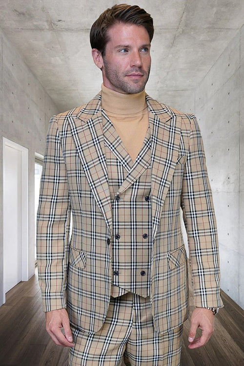 Mens Designer 1 Button Vested Wool Suit in Tan Windowpane Plaid Suit by USA Men's Outlet