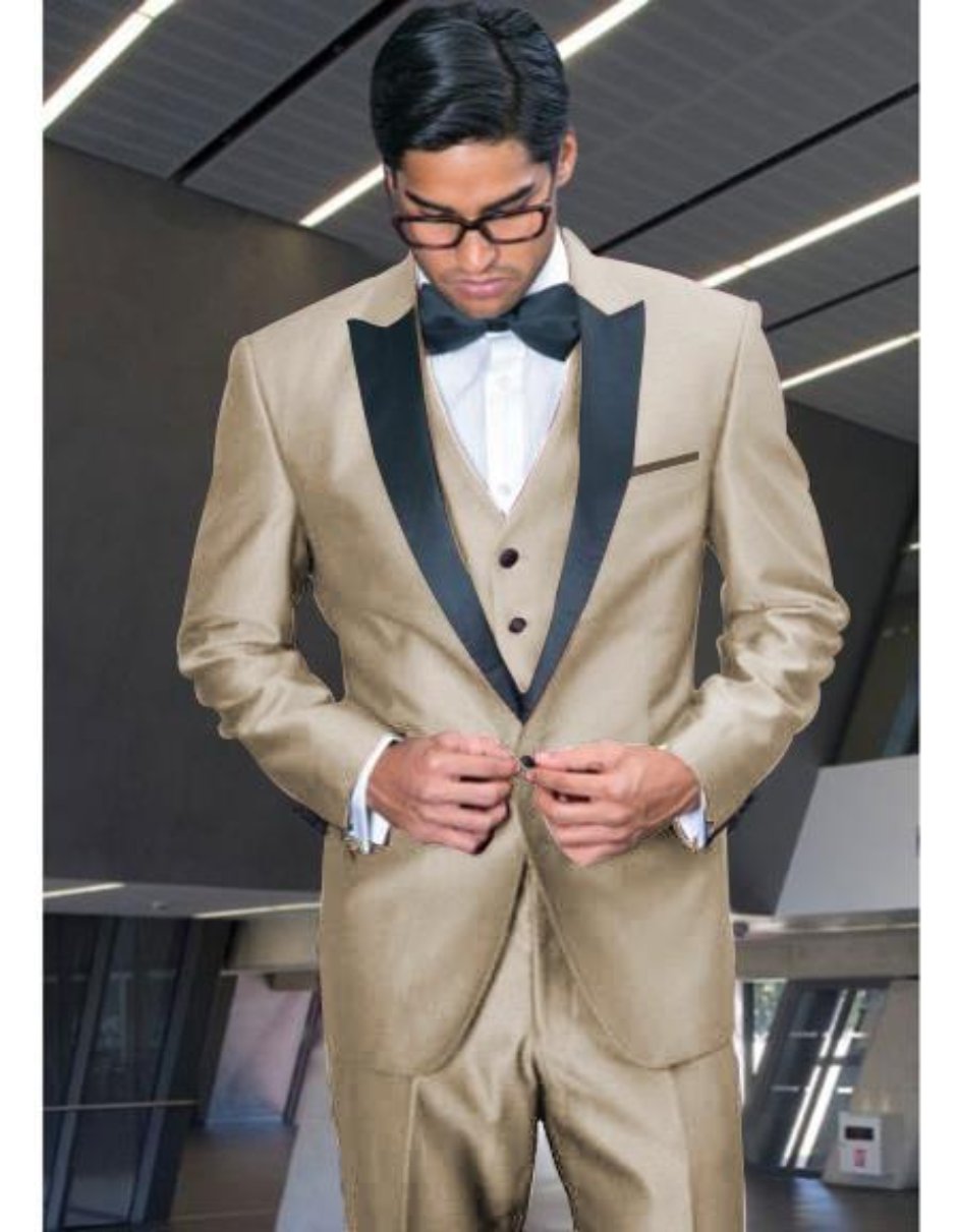 Tan ~ Beige ~ Sand Color Peak Lapel Tuxedo Vested 3 Piece Suit By Alberto Nardoni Tux Formalwear Tan Tuxedo - Beige Tuxedo - Men's Tuxedo USA – SuitUSA