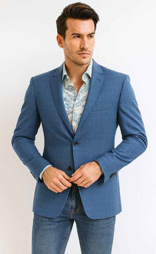 Tazio Blue Windowpane Sport Coat: 2-Button Reg Fit Blazer - Men's Stylish Plaid by Tazzio