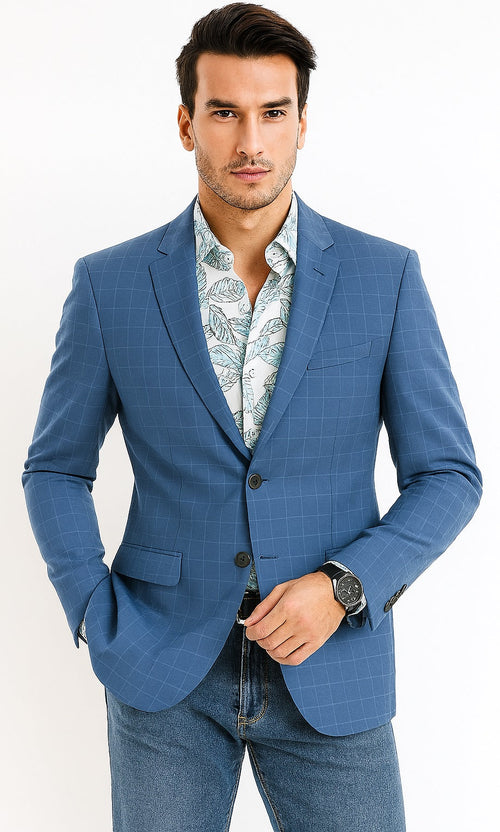 Tazio Blue Windowpane Sport Coat: 2-Button Reg Fit Blazer - Men's Stylish Plaid by Tazzio