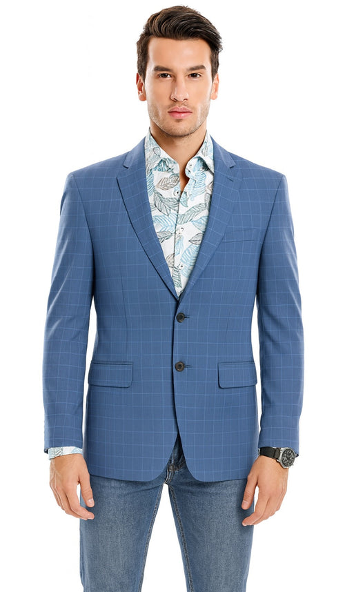 Tazio Blue Windowpane Sport Coat: 2-Button Reg Fit Blazer - Men's Stylish Plaid by Tazzio