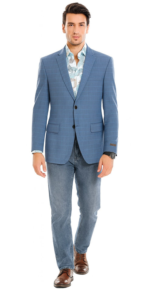 Tazio Blue Windowpane Sport Coat: 2-Button Reg Fit Blazer - Men's Stylish Plaid by Tazzio