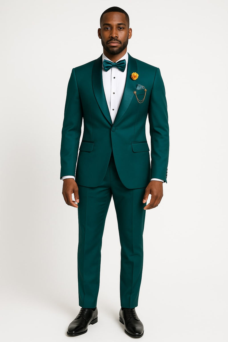 Teal Green Tuxedo Suit for Men – Satin Shawl Lapel Prom and Wedding Suit