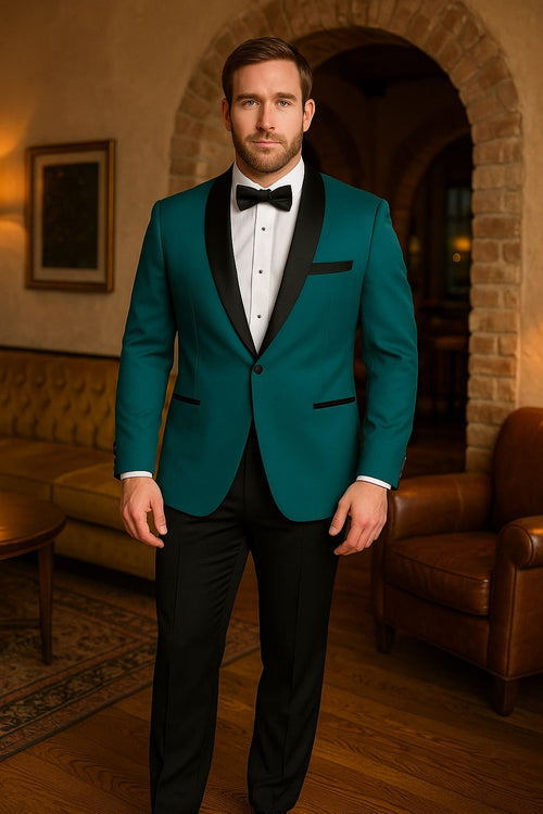 Teal Velvet Tuxedo for Men - One Button Black Satin Lapel Formal Suit with Bow Tie by USA Men's Outlet