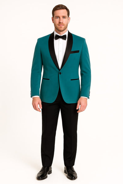 Teal Velvet Tuxedo for Men – One Button Black Satin Lapel Formal Suit with Bow Tie