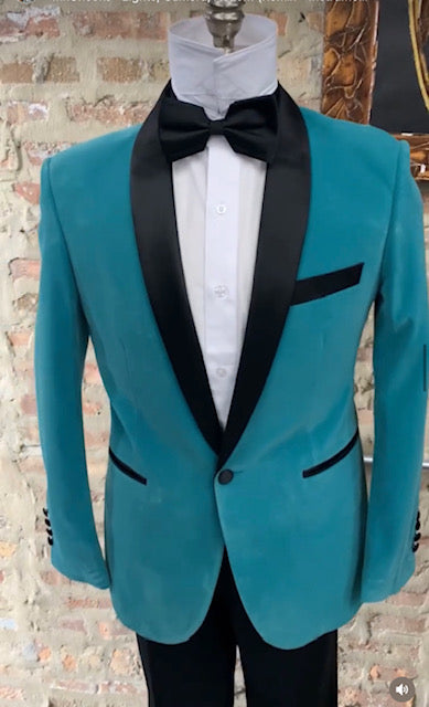 Teal Velvet Tuxedo for Men - One Button Black Satin Lapel Formal Suit with Bow Tie by USA Men's Outlet