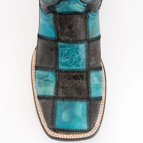 Ferinni Boot - Mens Dress Cowboy Boot - Ferrini Men's Patchwork Square Toe Boots Handcrafted in Black/Teal Color