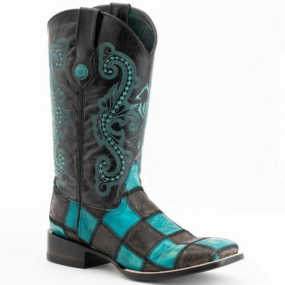 Ferinni Boot - Mens Dress Cowboy Boot - Ferrini Men's Patchwork Square Toe Boots Handcrafted in Black/Teal Color Ferrini USA