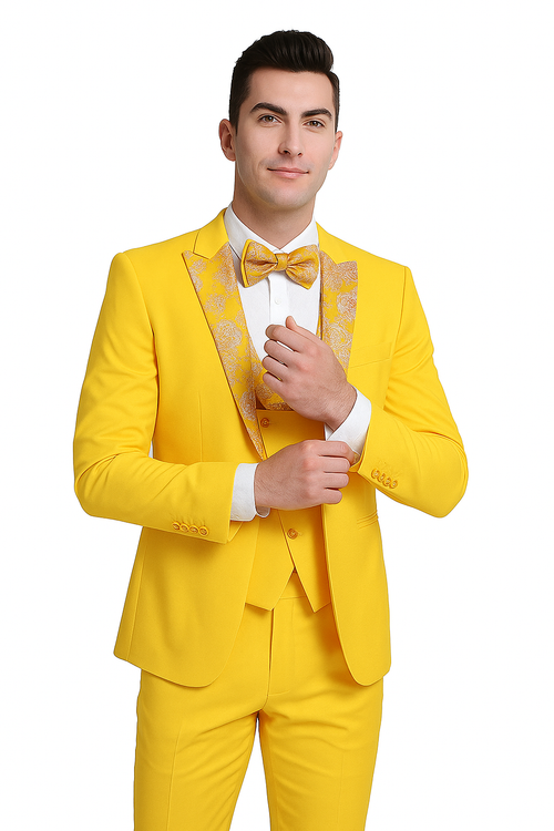 Radiant Golden Bloom Mens 3-Piece Suit with Floral Peak Lapel by USA Men's Outlet